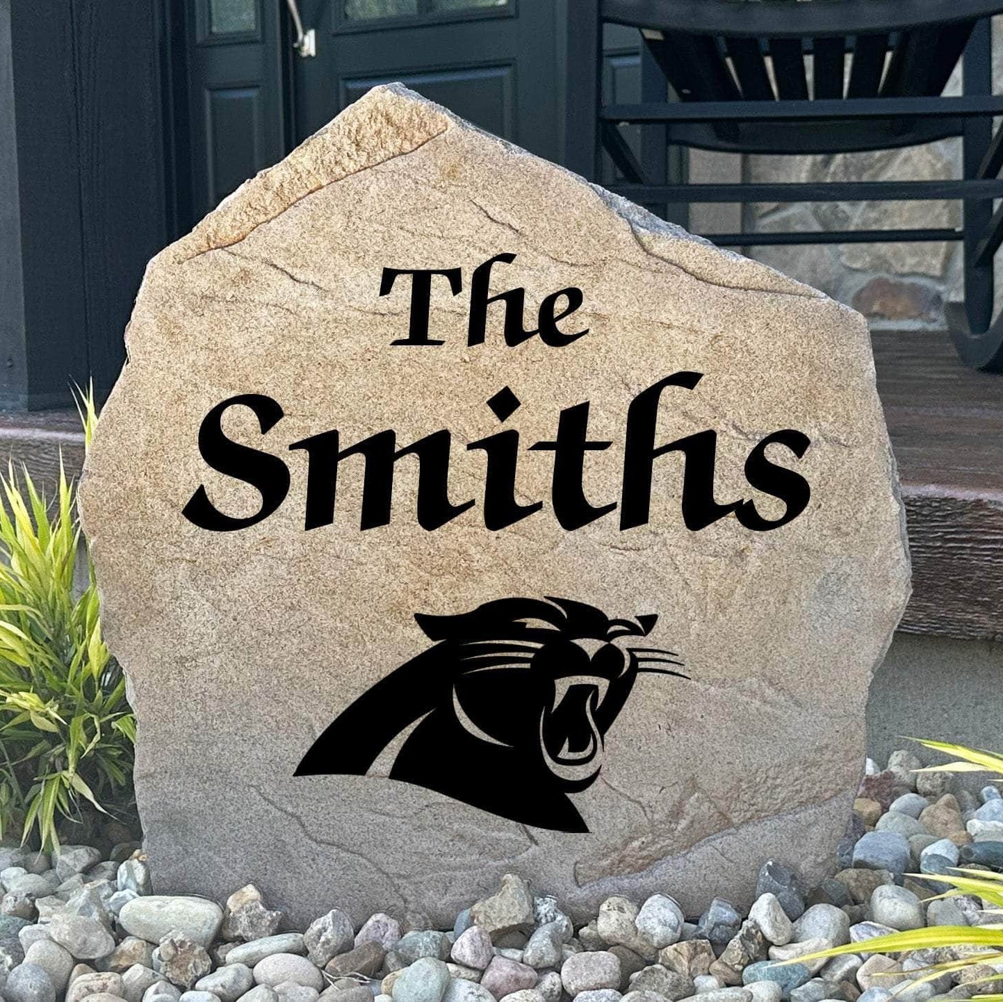 Officially licensed Carolina Panthers Name Stone personalized with your family name and engraved directly into durable stone. This custom landscape accent showcases Panthers pride while creating a warm welcome for guests.