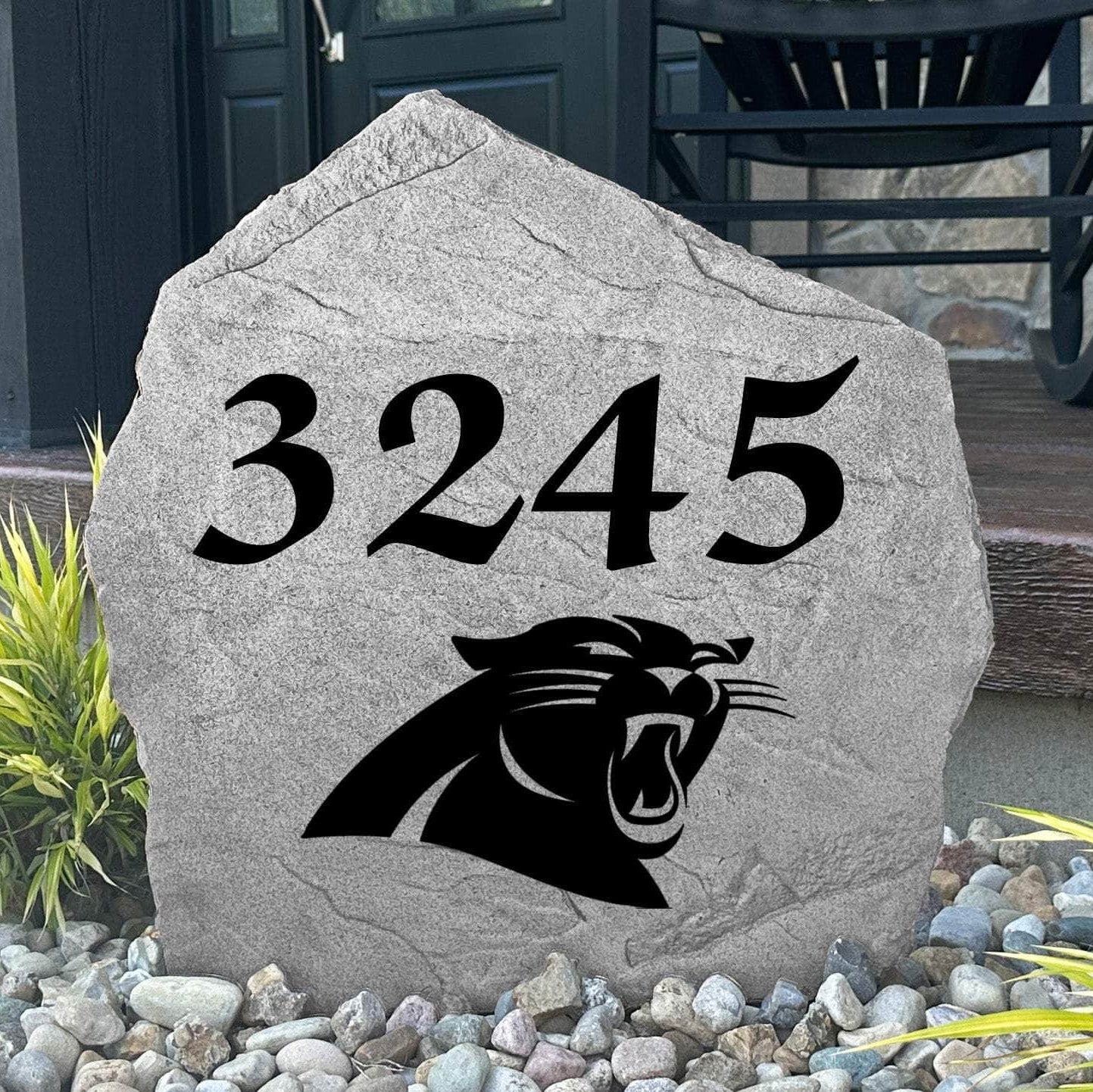 Custom Carolina Panthers Address Stone featuring the official team logo and personalized house numbers. Perfect for front yards, landscape beds, driveways, and entryways for devoted Panthers fans.