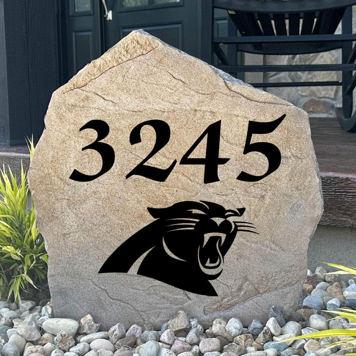 Officially licensed Carolina Panthers Address Stone personalized with your house numbers and engraved directly into durable stone. This custom address marker adds NFL team pride while enhancing your home's curb appeal.