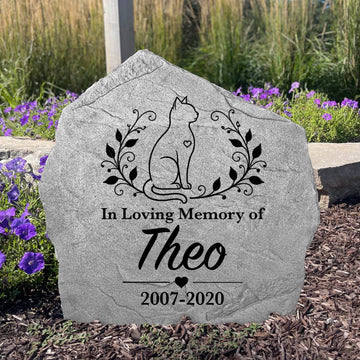 Custom engraved cat memorial stone featuring an elegant wreath design to honor a cherished feline companion.