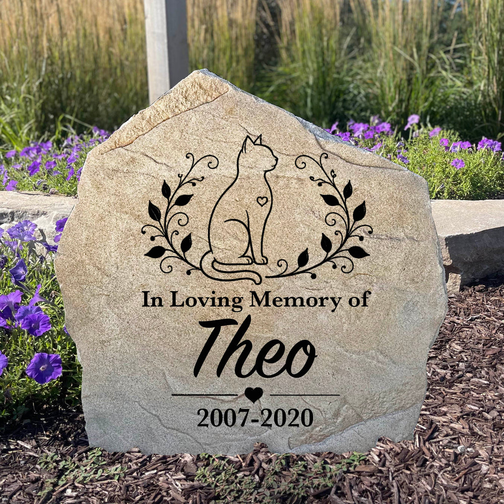Personalized Cat Memorial Wreath Stone engraved with a beloved cat's name for a beautiful garden tribute.