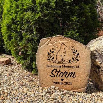 Outdoor cat memorial wreath stone personalized with your pet's name and dates for lasting remembrance.
