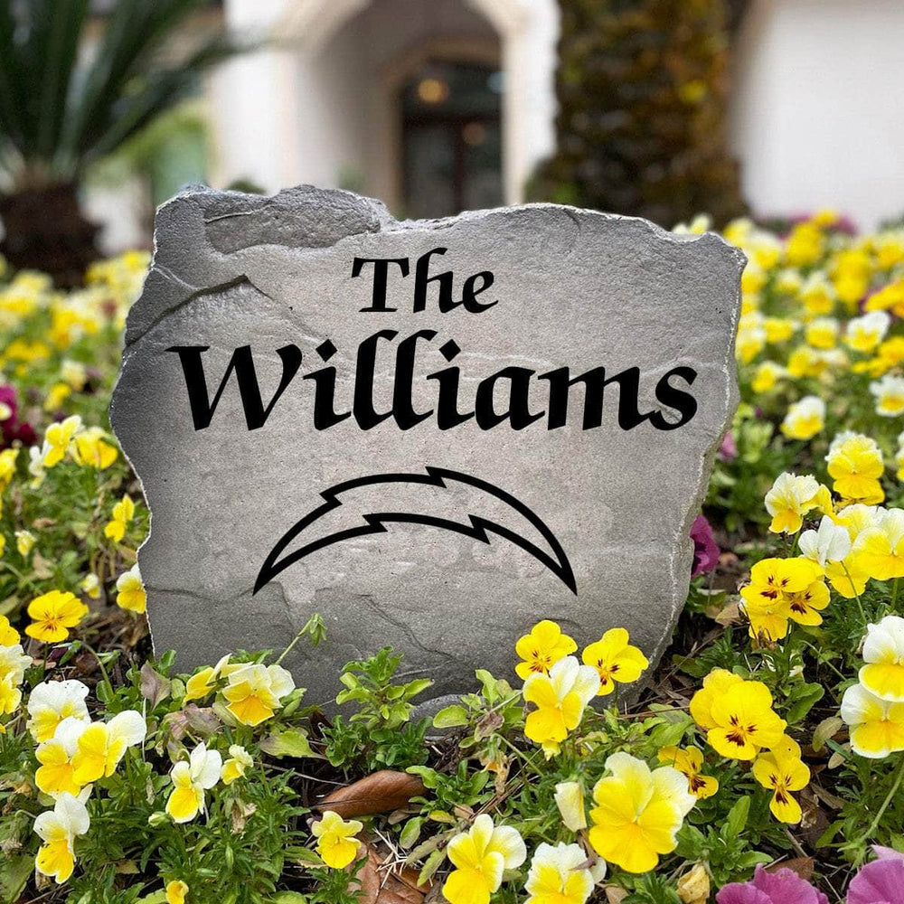 Officially licensed Los Angeles Chargers Name Stone handcrafted in the USA with custom family engraving and durable team artwork. This decorative garden stone enhances landscape beds, patios, and outdoor living spaces with lasting beauty and NFL team pride.