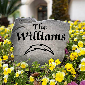 Officially licensed Los Angeles Chargers Name Stone handcrafted in the USA with custom family engraving and durable team artwork. This decorative garden stone enhances landscape beds, patios, and outdoor living spaces with lasting beauty and NFL team pride.