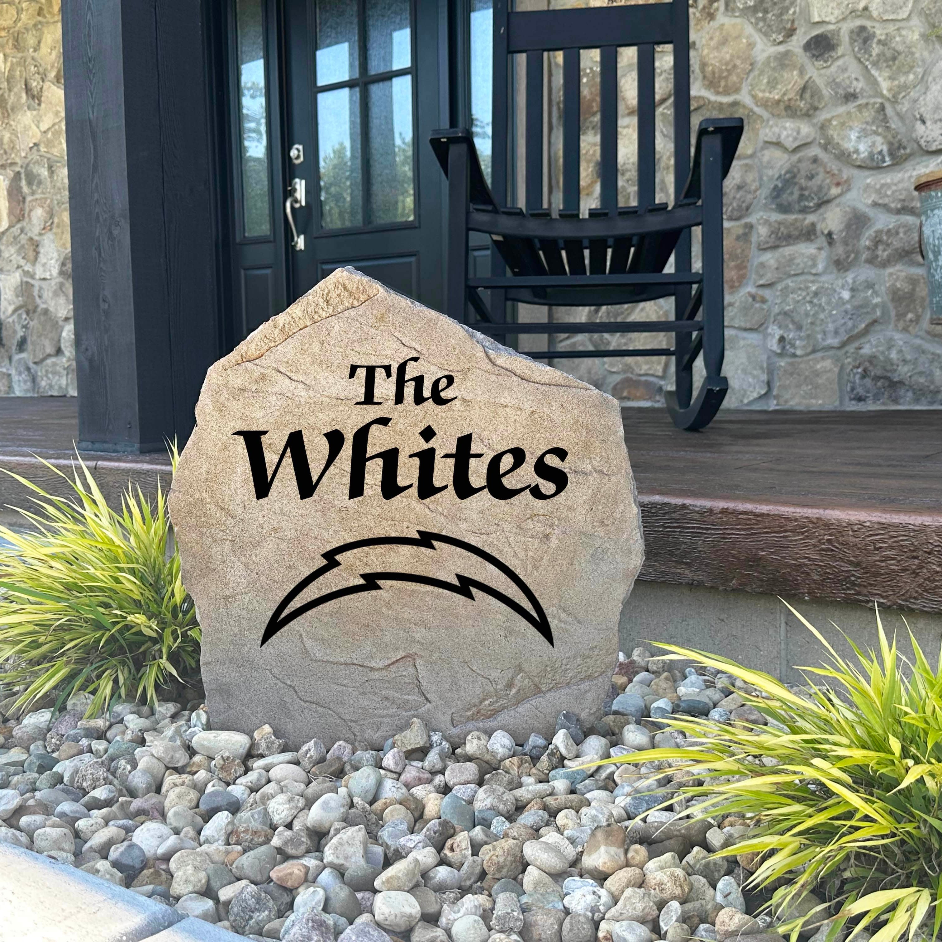 Decorative Los Angeles Chargers Name Stone featuring personalized family names permanently engraved into the stone surface alongside officially licensed team graphics. Perfect for gardens, patios, and entryways, this outdoor accent celebrates Los Angeles Chargers football tradition.