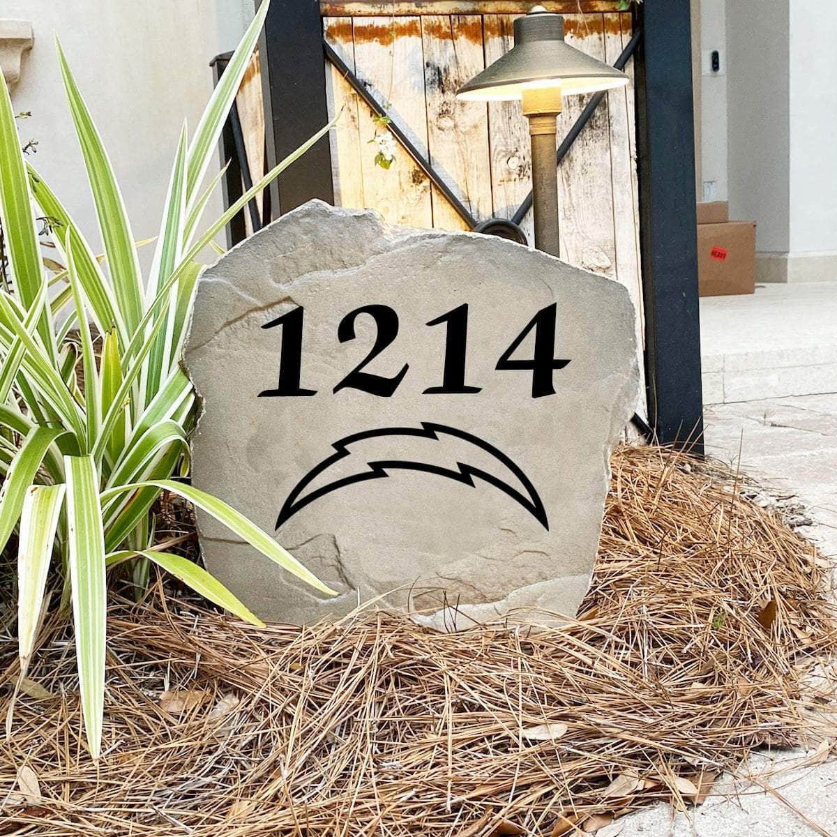 Engraved Los Angeles Chargers Address Stone with custom house numbers and the official Los Angeles Chargers logo, bringing football spirit and timeless style to front yard landscapes, walkways, and home entrances.