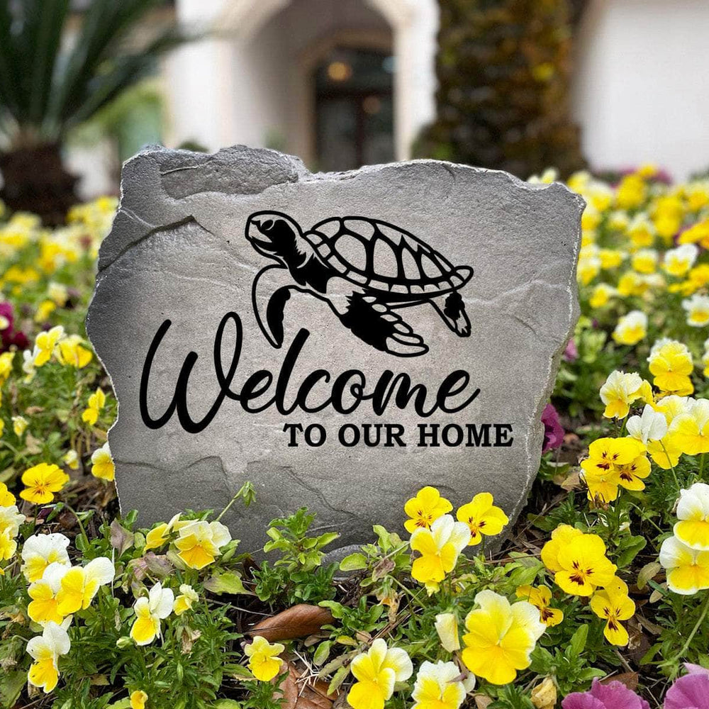 Sea Turtle Welcome Stone handcrafted in the USA and engraved directly into the stone surface. This decorative outdoor accent complements patios, flower beds, and front porches with relaxing coastal style and lasting durability.