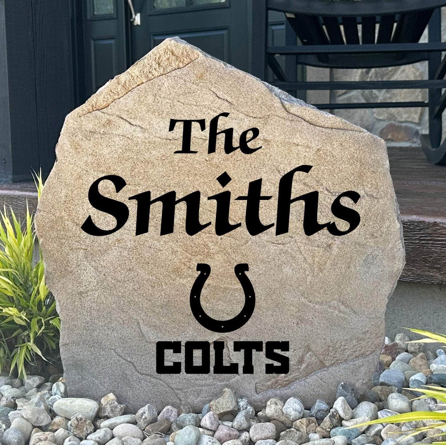 Officially licensed Indianapolis Colts Name Stone featuring a personalized family name and the iconic Indianapolis Colts logo engraved directly into the stone surface. This custom garden stone adds NFL team pride and curb appeal to front yards, patios, gardens, and entryways.
