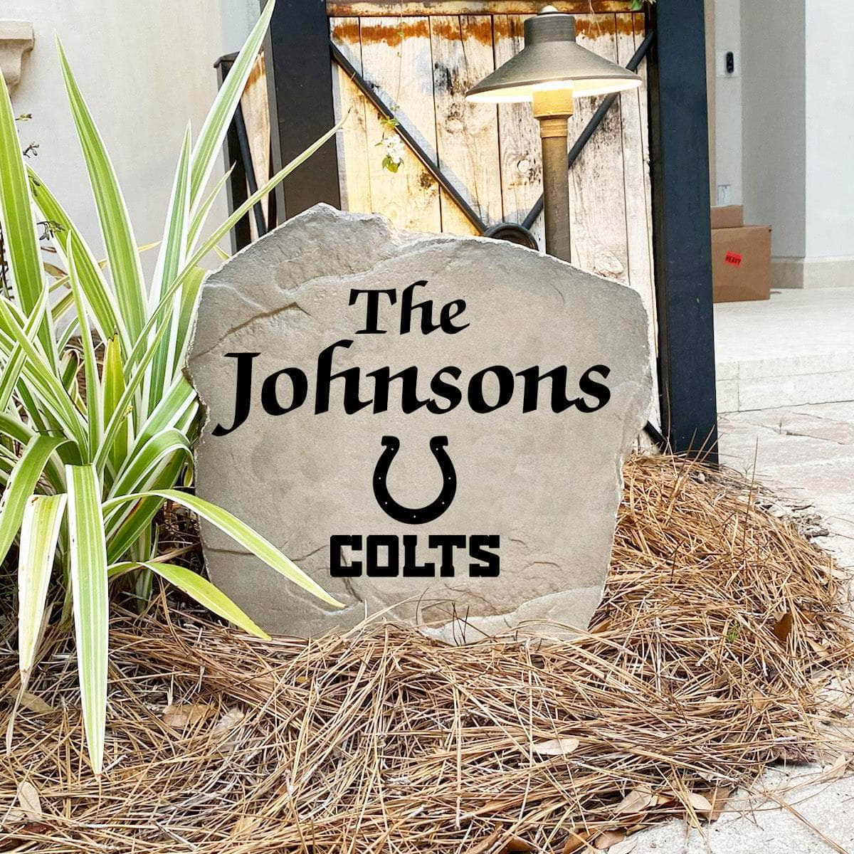 Engraved Indianapolis Colts Name Stone with a custom family name and the official Indianapolis Colts logo, bringing football spirit and timeless style to front yard landscapes, walkways, and home entrances.