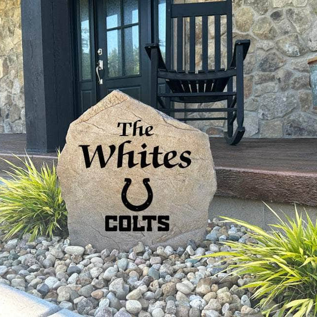 Decorative Indianapolis Colts Name Stone featuring personalized family names permanently engraved into the stone surface alongside officially licensed team graphics. Perfect for gardens, patios, and entryways, this outdoor accent celebrates Indianapolis Colts football tradition.