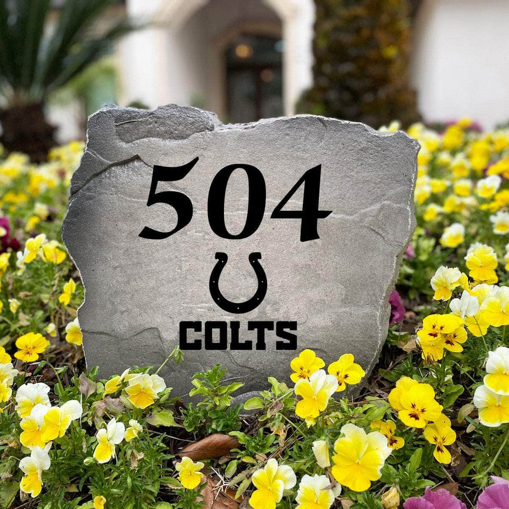 Officially licensed Indianapolis Colts Address Stone handcrafted in the USA with custom house numbers and durable engraved artwork. This weather-resistant address stone provides lasting beauty and curb appeal for football fans and outdoor spaces.
