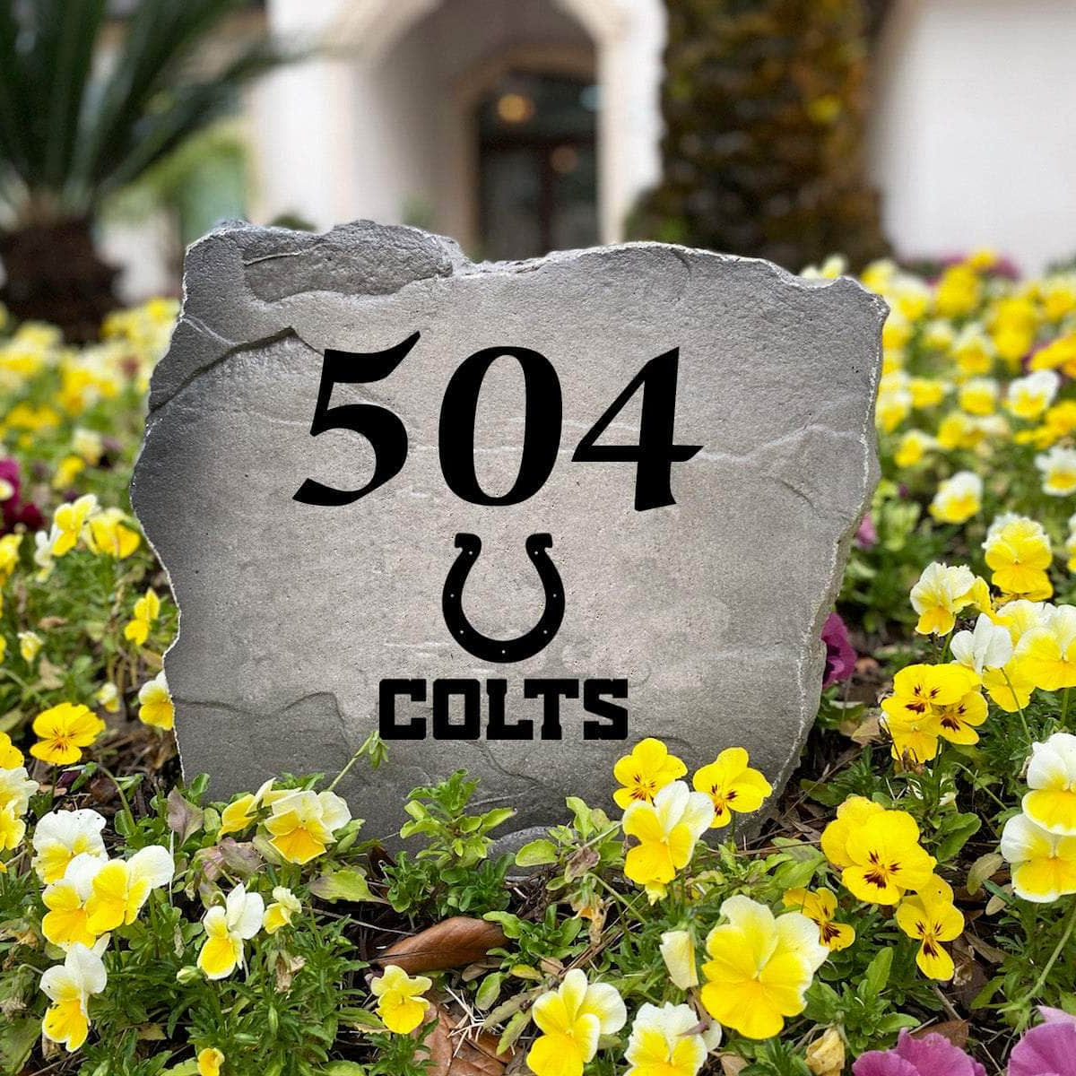 Officially licensed Indianapolis Colts Address Stone handcrafted in the USA with custom house numbers and durable engraved artwork. This weather-resistant address stone provides lasting beauty and curb appeal for football fans and outdoor spaces.