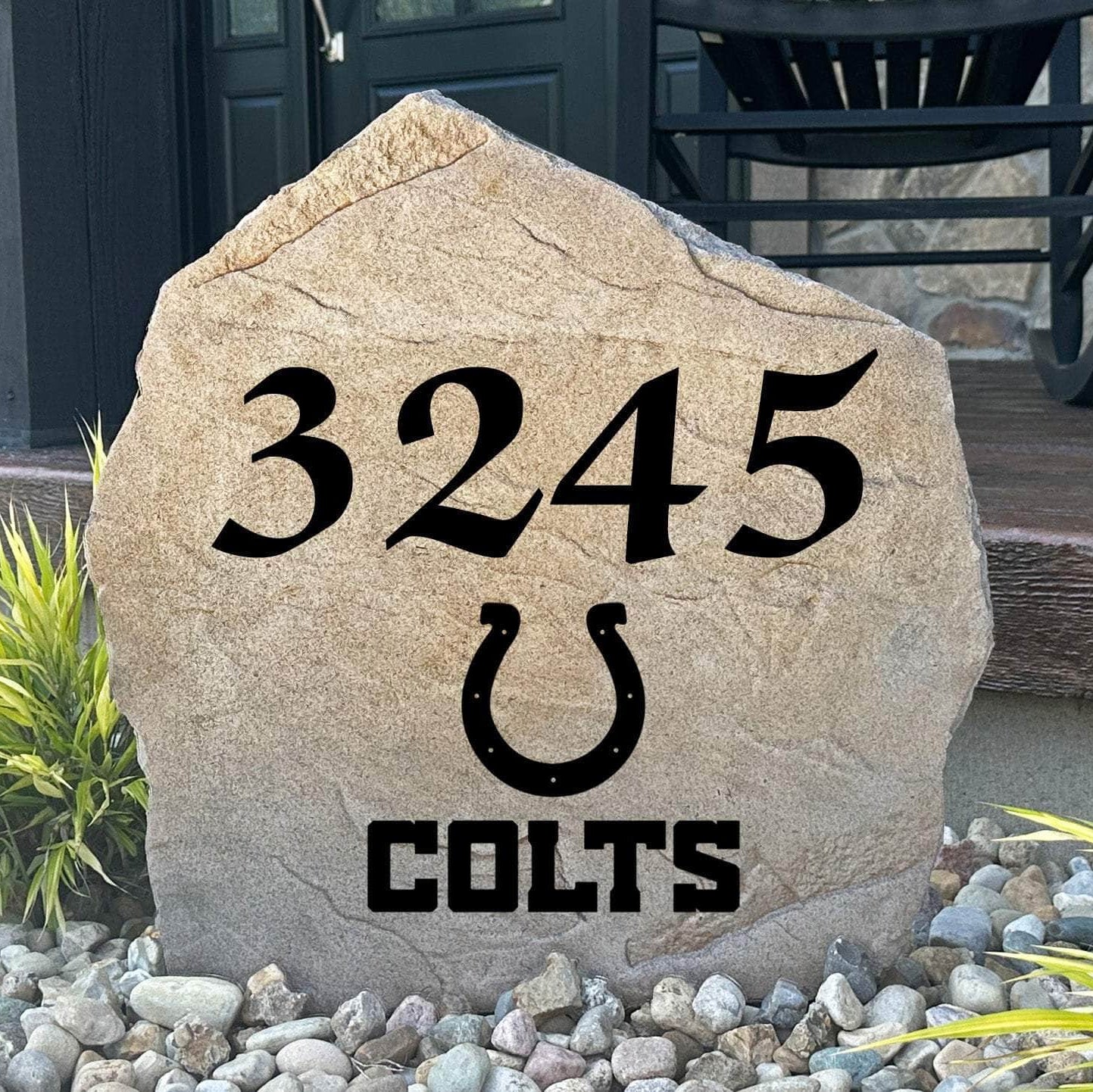 Officially licensed Indianapolis Colts Address Stone featuring custom house numbers and the iconic Indianapolis Colts logo engraved directly into the stone surface. This personalized address stone adds NFL team pride and enhances curb appeal for front yards, gardens, driveways, and entryways.