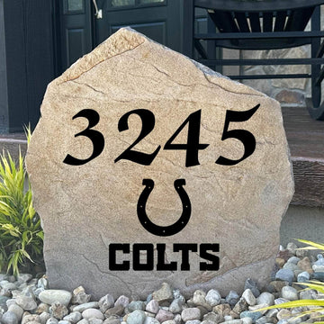 Officially licensed Indianapolis Colts Address Stone featuring custom house numbers and the iconic Indianapolis Colts logo engraved directly into the stone surface. This personalized address stone adds NFL team pride and enhances curb appeal for front yards, gardens, driveways, and entryways.