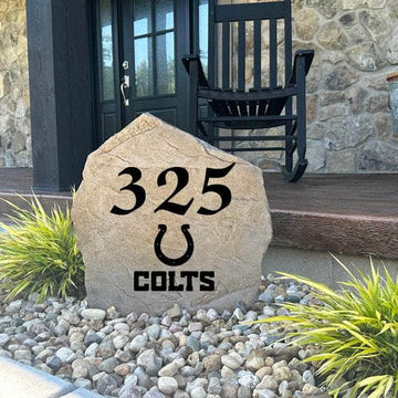 Decorative Indianapolis Colts Address Stone featuring personalized house numbers permanently engraved into the stone surface alongside officially licensed team graphics. Perfect for driveways, patios, gardens, and landscape beds, this address marker celebrates Colts football tradition.