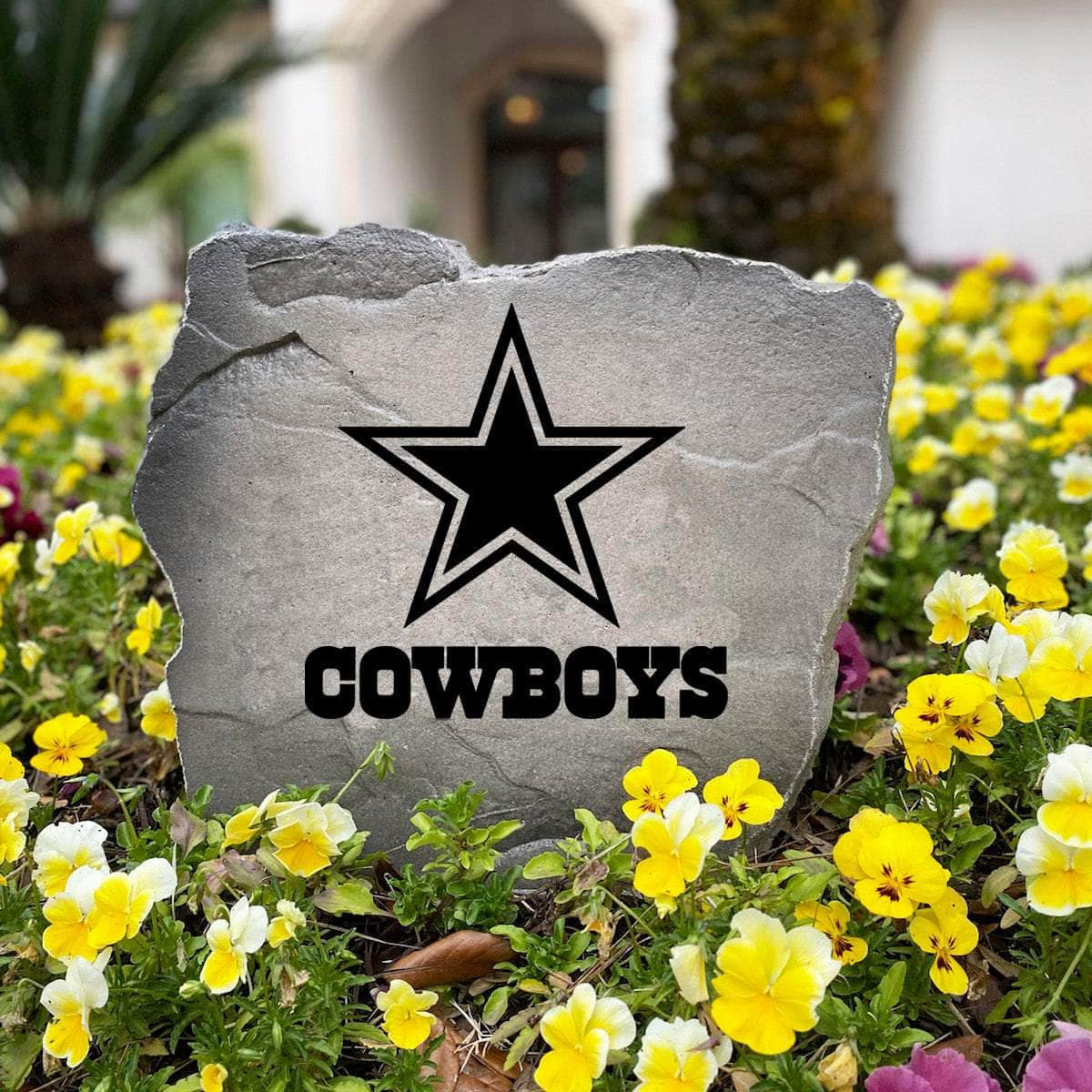 Officially licensed Dallas Cowboys Logo Stone handcrafted in the USA with detailed team engraving and weather-resistant durability. Available in Sandstone and Greystone finishes, this decorative garden stone enhances outdoor spaces with lasting beauty and Cowboys spirit.