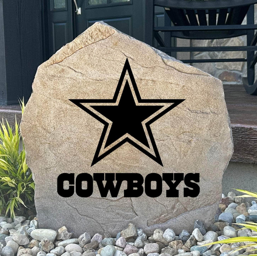 Officially licensed Dallas Cowboys Logo Stone featuring the iconic Dallas Cowboys logo engraved directly into the stone surface. This decorative garden stone adds NFL team spirit and curb appeal to front yards, patios, gardens, and entryways.