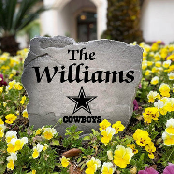 Officially licensed Dallas Cowboys Name Stone handcrafted in the USA with custom family engraving and durable team artwork. Available in Sandstone and Greystone finishes, this decorative garden stone enhances landscape beds, patios, and outdoor living spaces with lasting beauty and NFL team pride.