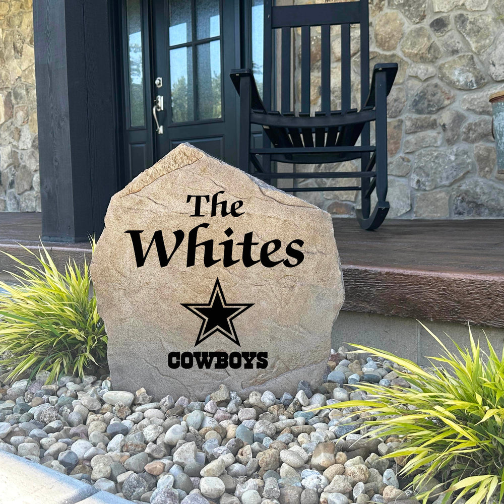 Decorative Dallas Cowboys Name Stone featuring personalized family names permanently engraved into the stone surface alongside officially licensed team graphics. Perfect for gardens, patios, and entryways, this outdoor accent celebrates Dallas Cowboys football tradition.