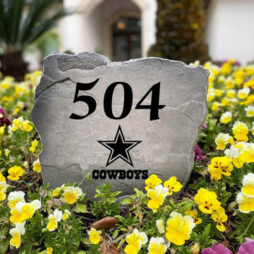 Officially licensed Dallas Cowboys Address Stone handcrafted in the USA with custom house numbers and durable engraved artwork. Available in Sandstone and Greystone finishes, this weather-resistant address stone provides lasting beauty and curb appeal for football fans.