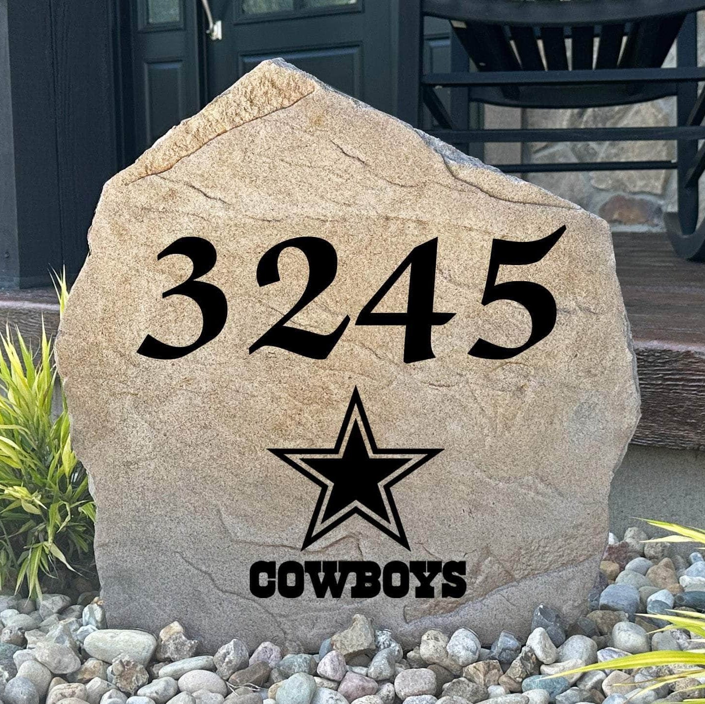 Officially licensed Dallas Cowboys Address Stone featuring custom house numbers and the iconic Dallas Cowboys logo engraved directly into the stone surface. This personalized address stone adds NFL team pride and enhances curb appeal for front yards, gardens, driveways, and entryways.