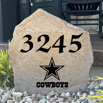 Officially licensed Dallas Cowboys Address Stone featuring custom house numbers and the iconic Dallas Cowboys logo engraved directly into the stone surface. This personalized address stone adds NFL team pride and enhances curb appeal for front yards, gardens, driveways, and entryways.