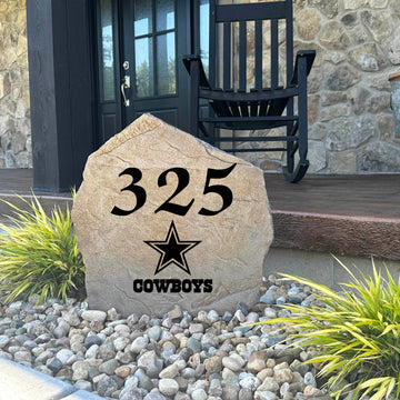 Decorative Dallas Cowboys Address Stone featuring personalized house numbers permanently engraved into the stone surface alongside officially licensed team graphics. Perfect for driveways, patios, gardens, and landscape beds, this address marker celebrates Dallas Cowboys football tradition.