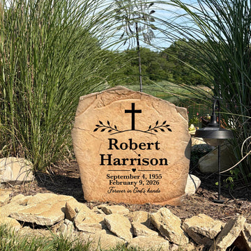 Engraved Cross of Remembrance memorial garden stone honoring a loved one with personalized name and dates