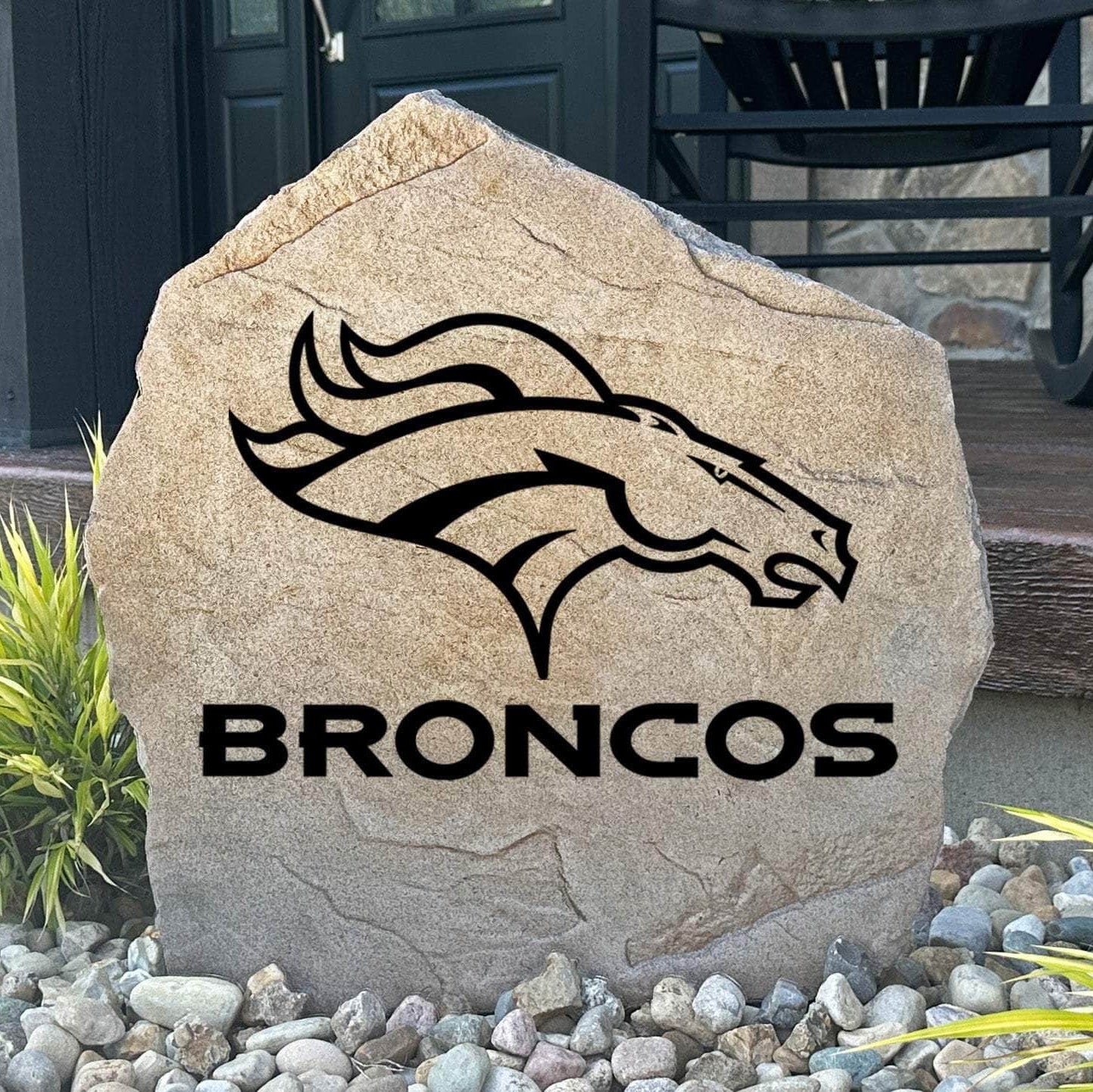 Officially licensed Denver Broncos Logo Stone featuring the iconic Denver Broncos logo engraved directly into the stone surface. This decorative garden stone adds NFL team spirit and curb appeal to front yards, patios, gardens, and entryways.
