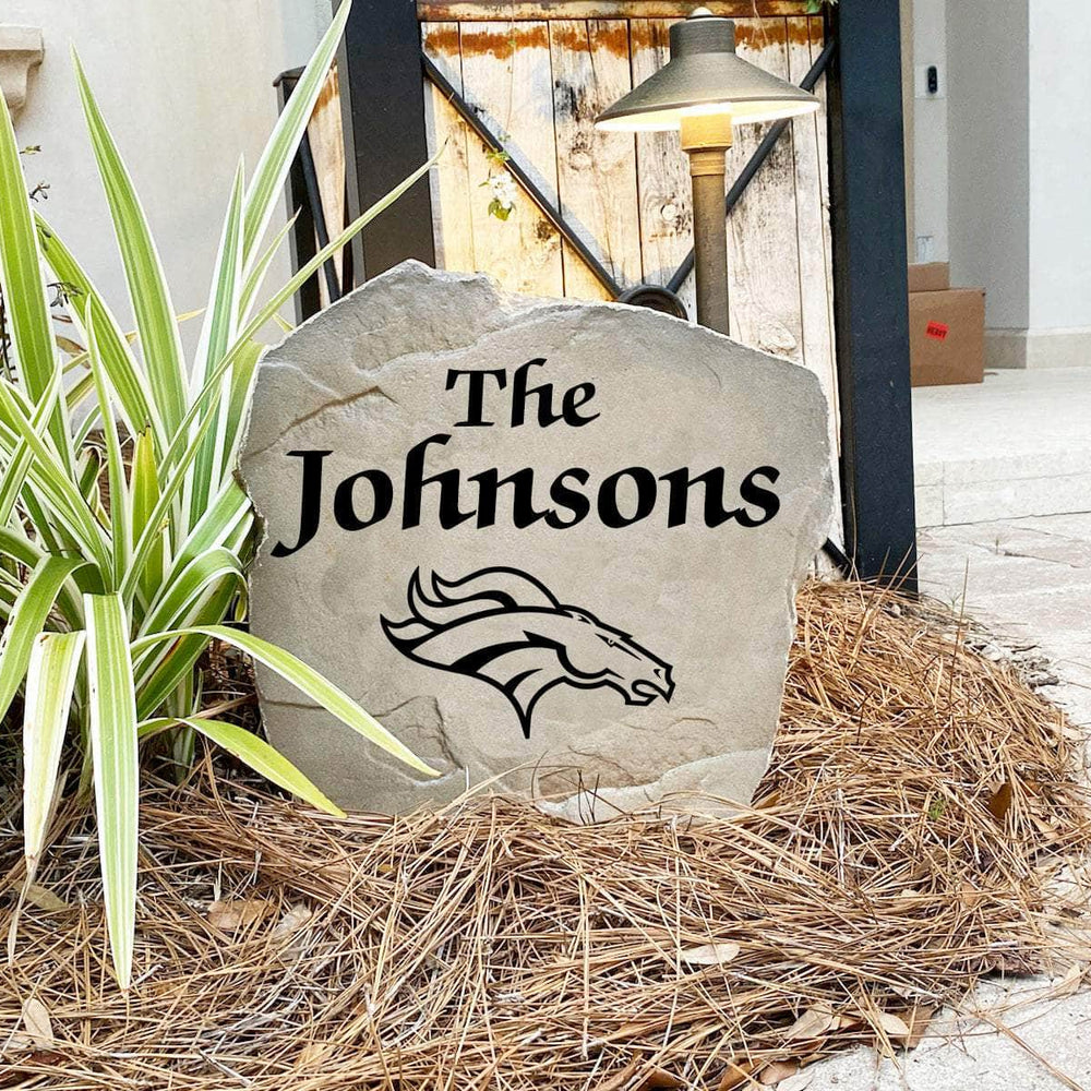 Engraved Denver Broncos Name Stone with a custom family name and the official Denver Broncos logo, bringing football spirit and timeless style to front yard landscapes, walkways, and home entrances.
