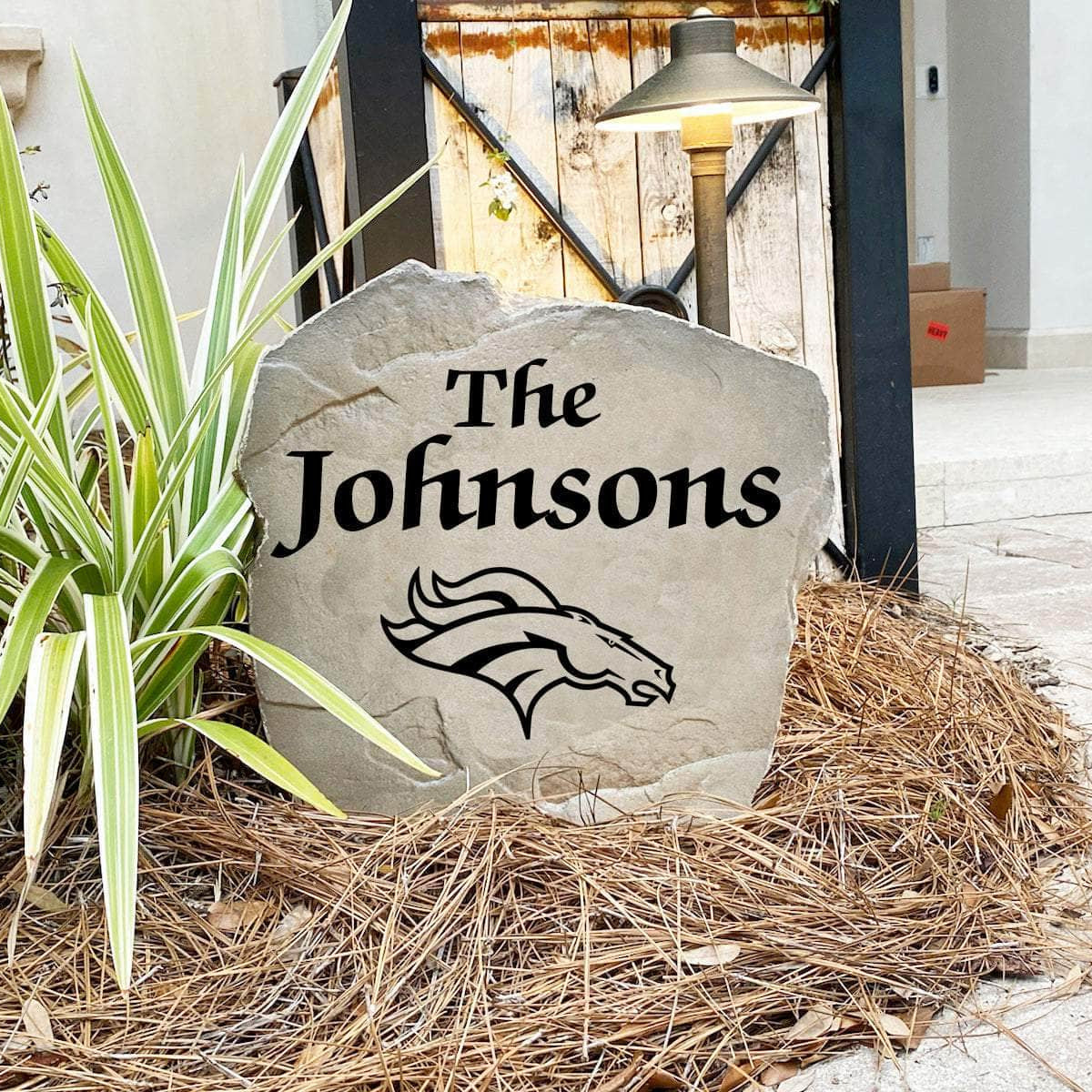 Engraved Denver Broncos Name Stone with a custom family name and the official Denver Broncos logo, bringing football spirit and timeless style to front yard landscapes, walkways, and home entrances.