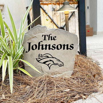 Engraved Denver Broncos Name Stone with a custom family name and the official Denver Broncos logo, bringing football spirit and timeless style to front yard landscapes, walkways, and home entrances.