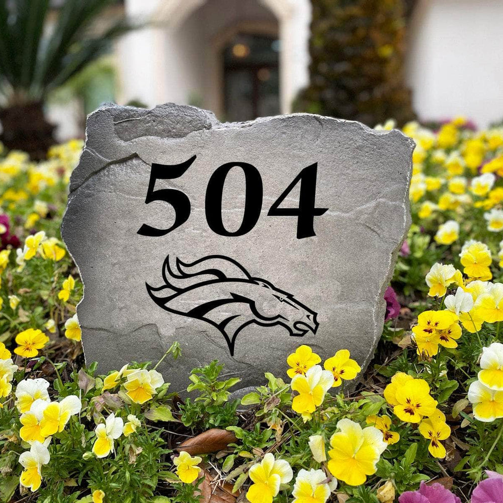 Officially licensed Denver Broncos Address Stone handcrafted in the USA with custom house numbers and durable engraved artwork. Available in Sandstone and Greystone finishes, this weather-resistant address stone provides lasting beauty and curb appeal for football fans.