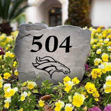 Officially licensed Denver Broncos Address Stone handcrafted in the USA with custom house numbers and durable engraved artwork. Available in Sandstone and Greystone finishes, this weather-resistant address stone provides lasting beauty and curb appeal for football fans.