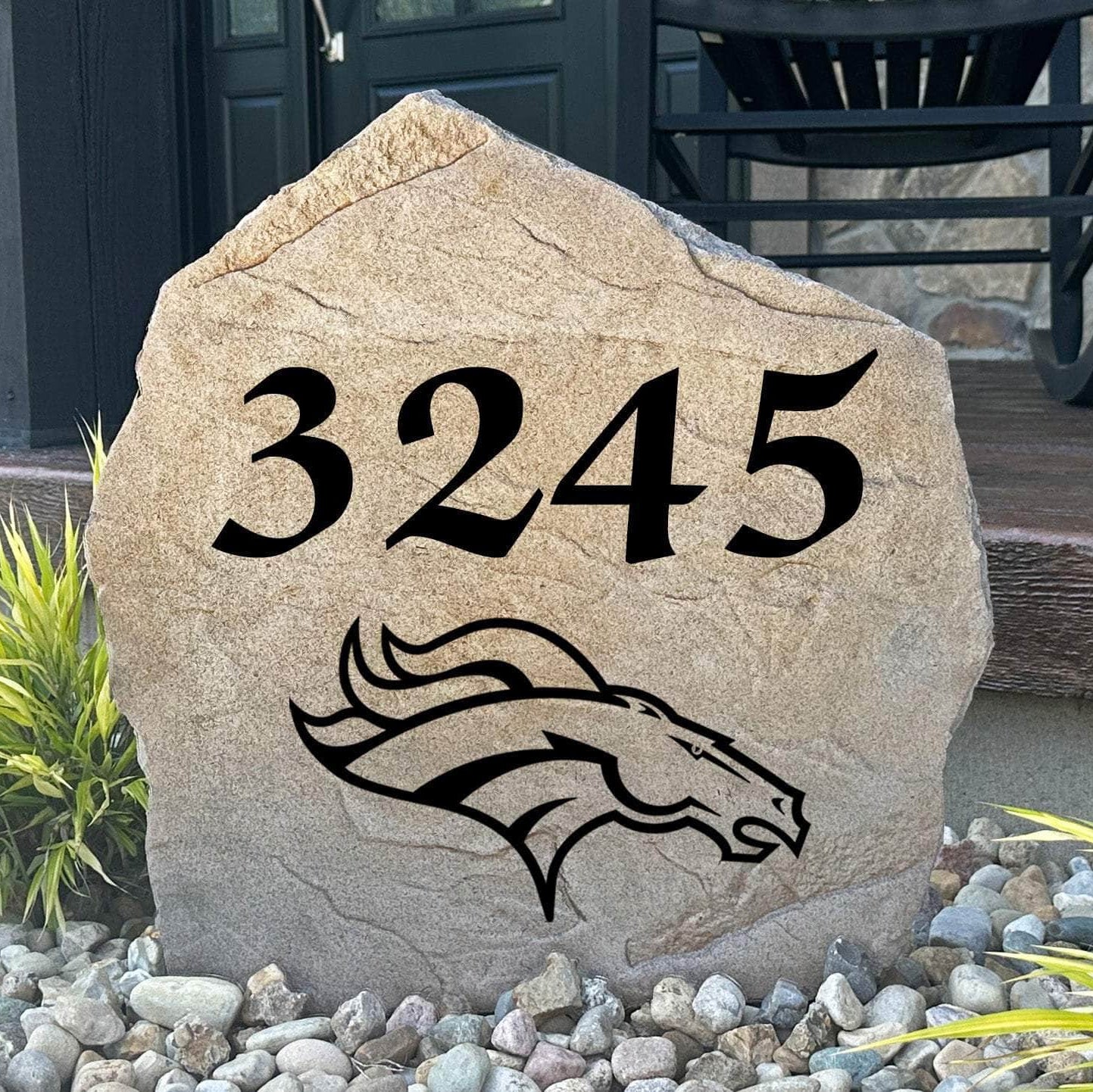 Officially licensed Denver Broncos Address Stone featuring custom house numbers and the iconic Denver Broncos logo engraved directly into the stone surface. This personalized address stone adds NFL team pride and enhances curb appeal for front yards, gardens, driveways, and entryways.
