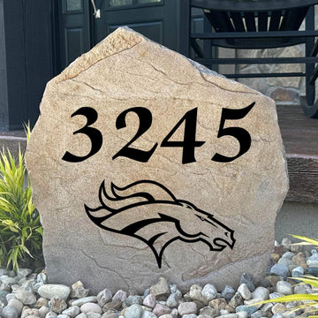 Officially licensed Denver Broncos Address Stone featuring custom house numbers and the iconic Denver Broncos logo engraved directly into the stone surface. This personalized address stone adds NFL team pride and enhances curb appeal for front yards, gardens, driveways, and entryways.