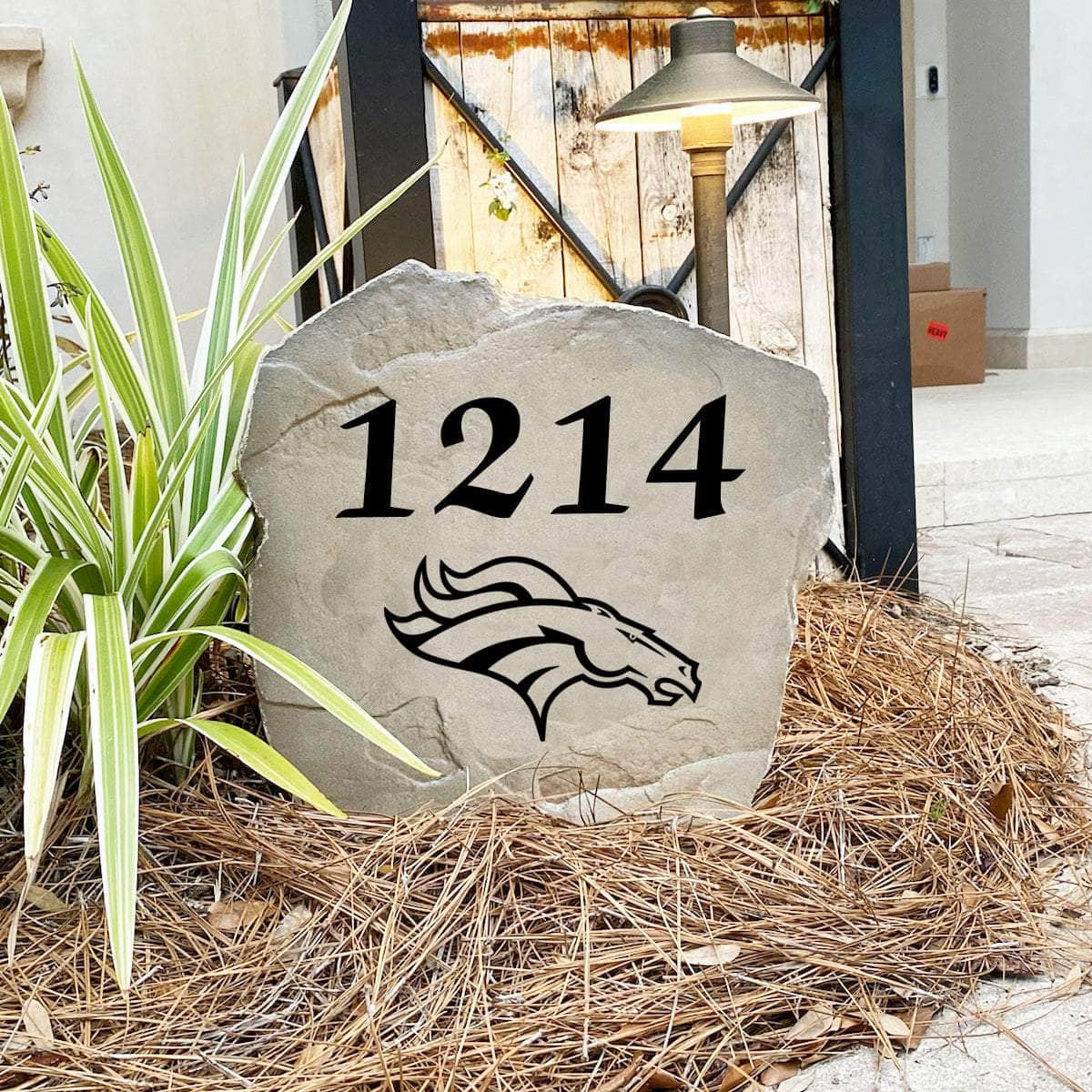 Engraved Denver Broncos Address Stone with custom house numbers and the official Denver Broncos logo, bringing football spirit and timeless style to front yard landscapes, walkways, and home entrances.