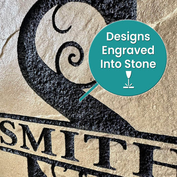 Detailed close-up of the engraved stone surface, revealing the precision craftsmanship and deep, permanent engraving. Every design is carved directly into the stone, creating a long-lasting, weather-resistant finish with exceptional detail and clarity.