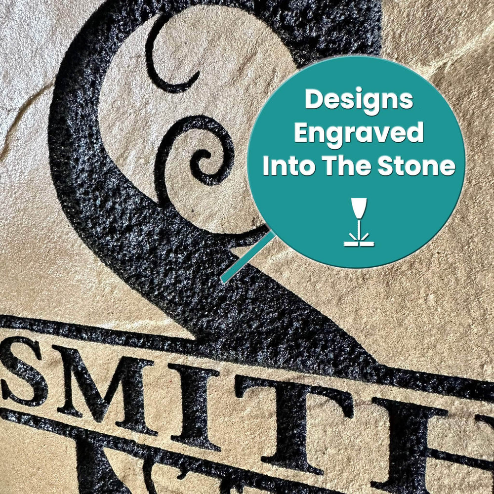 Detailed close-up of the engraved stone surface, revealing the precision craftsmanship and deep, permanent engraving. Every design is carved directly into the stone, creating a long-lasting, weather-resistant finish with exceptional detail and clarity.