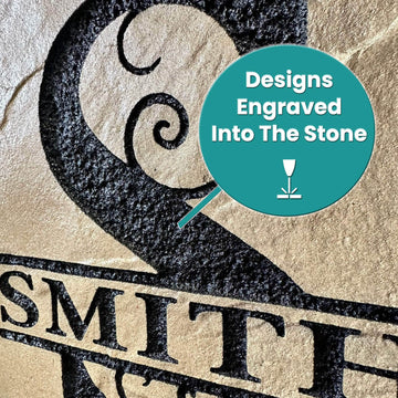Detailed close-up of the engraved stone surface, revealing the precision craftsmanship and deep, permanent engraving. Every design is carved directly into the stone, creating a long-lasting, weather-resistant finish with exceptional detail and clarity.