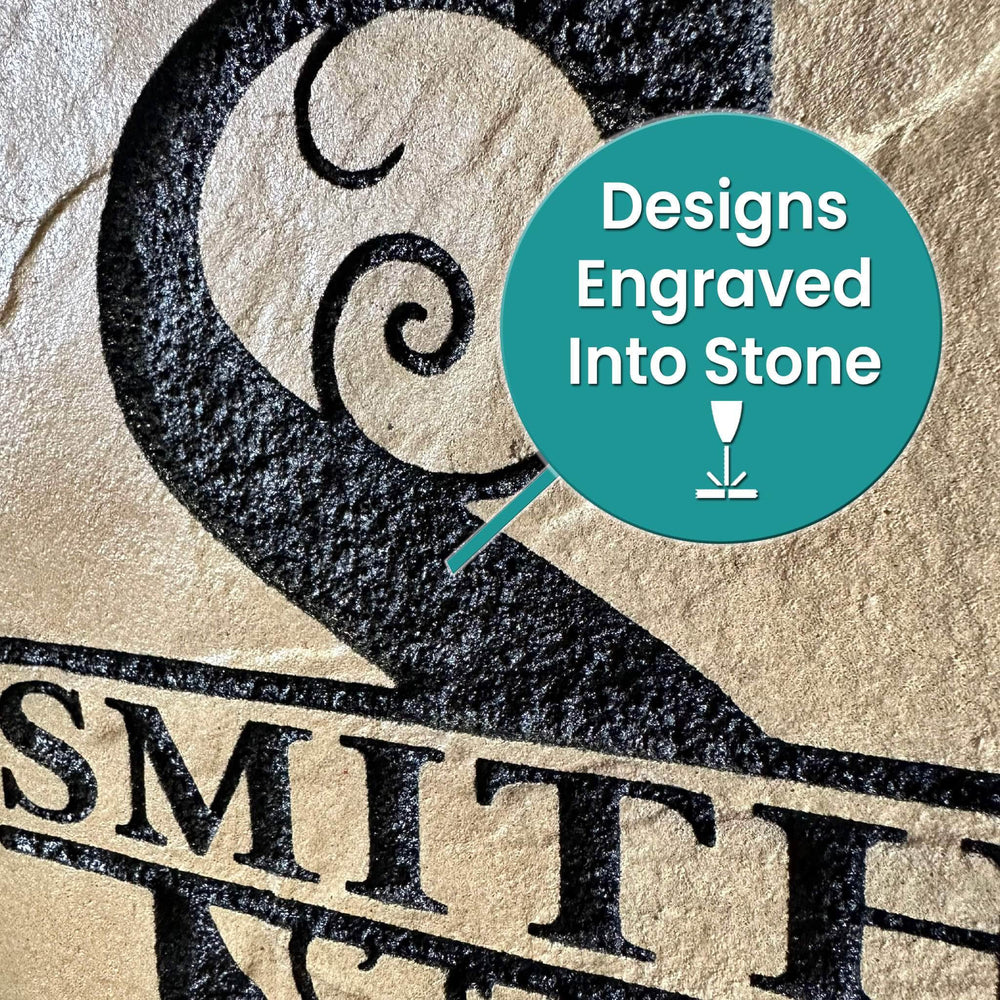 Detailed close-up of the engraved stone surface, revealing the precision craftsmanship and deep, permanent engraving. Every design is carved directly into the stone, creating a long-lasting, weather-resistant finish with exceptional detail and clarity.