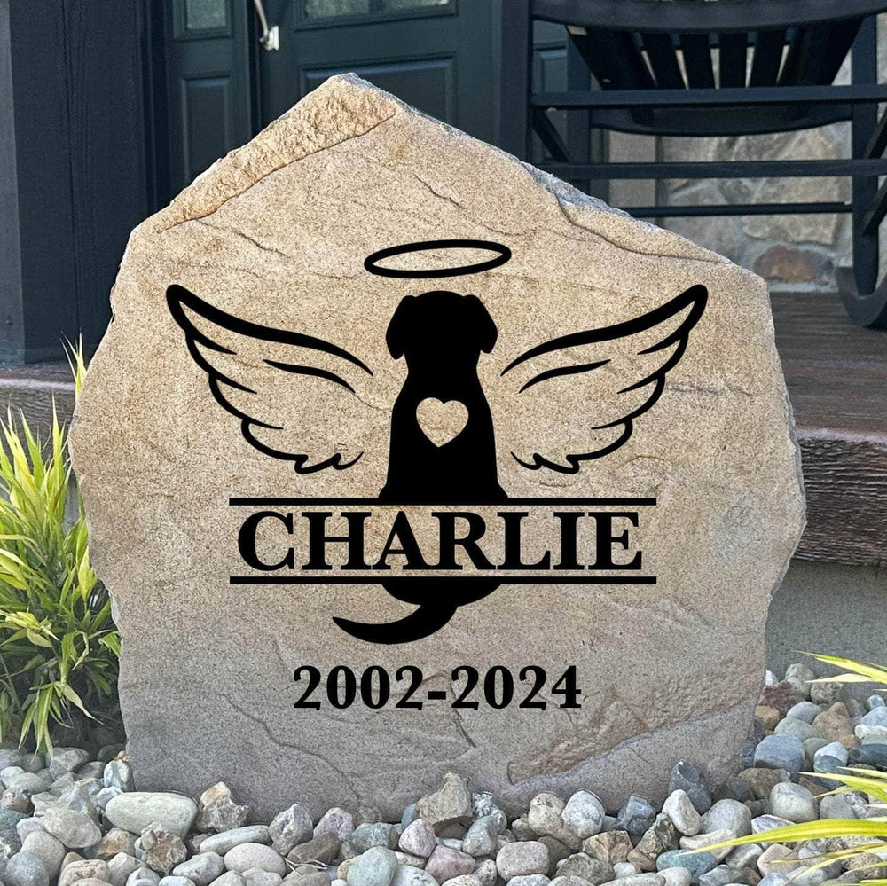 Personalized dog memorial monogram stone engraved with your beloved companion's name and initial, creating a lasting tribute in your garden or landscape.