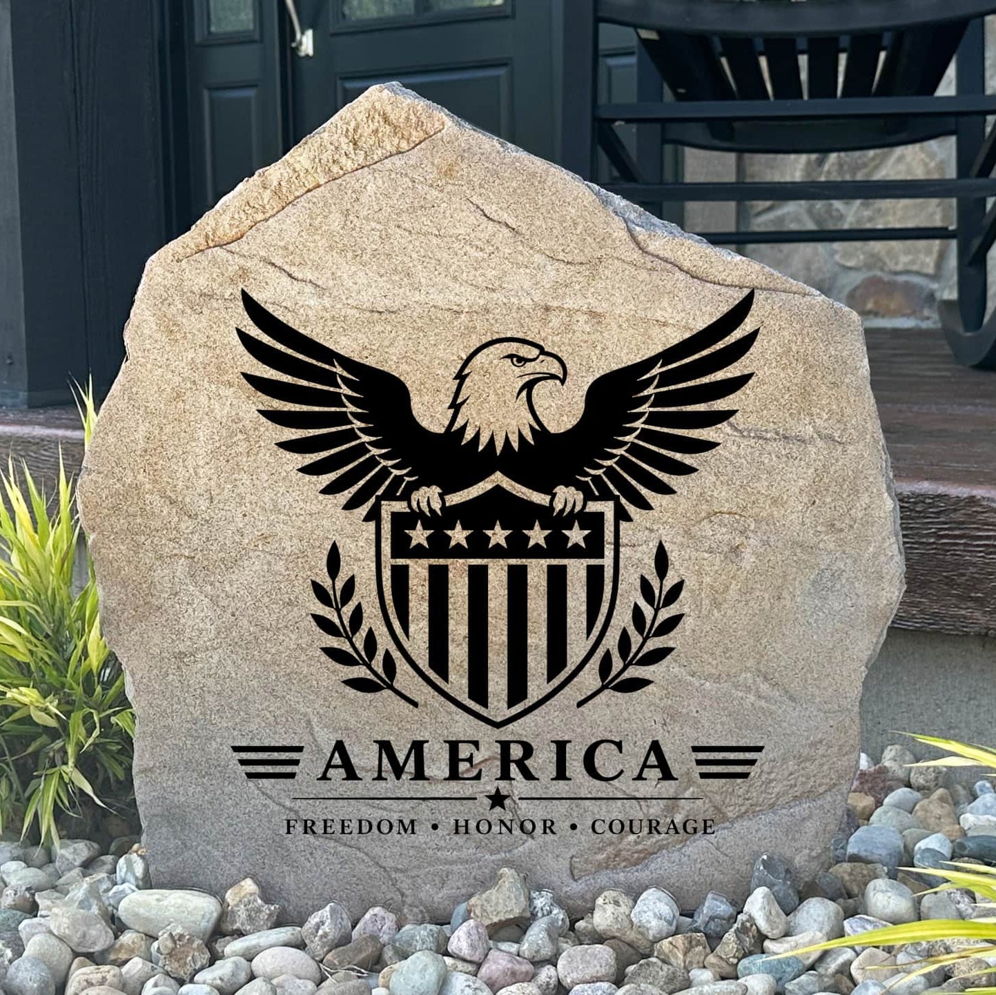 Decorative Eagle & Shield Stone featuring a bold engraved eagle and shield design that celebrates American pride and patriotism. This handcrafted landscape stone creates a striking focal point for gardens, front entryways, patios, and walkways.