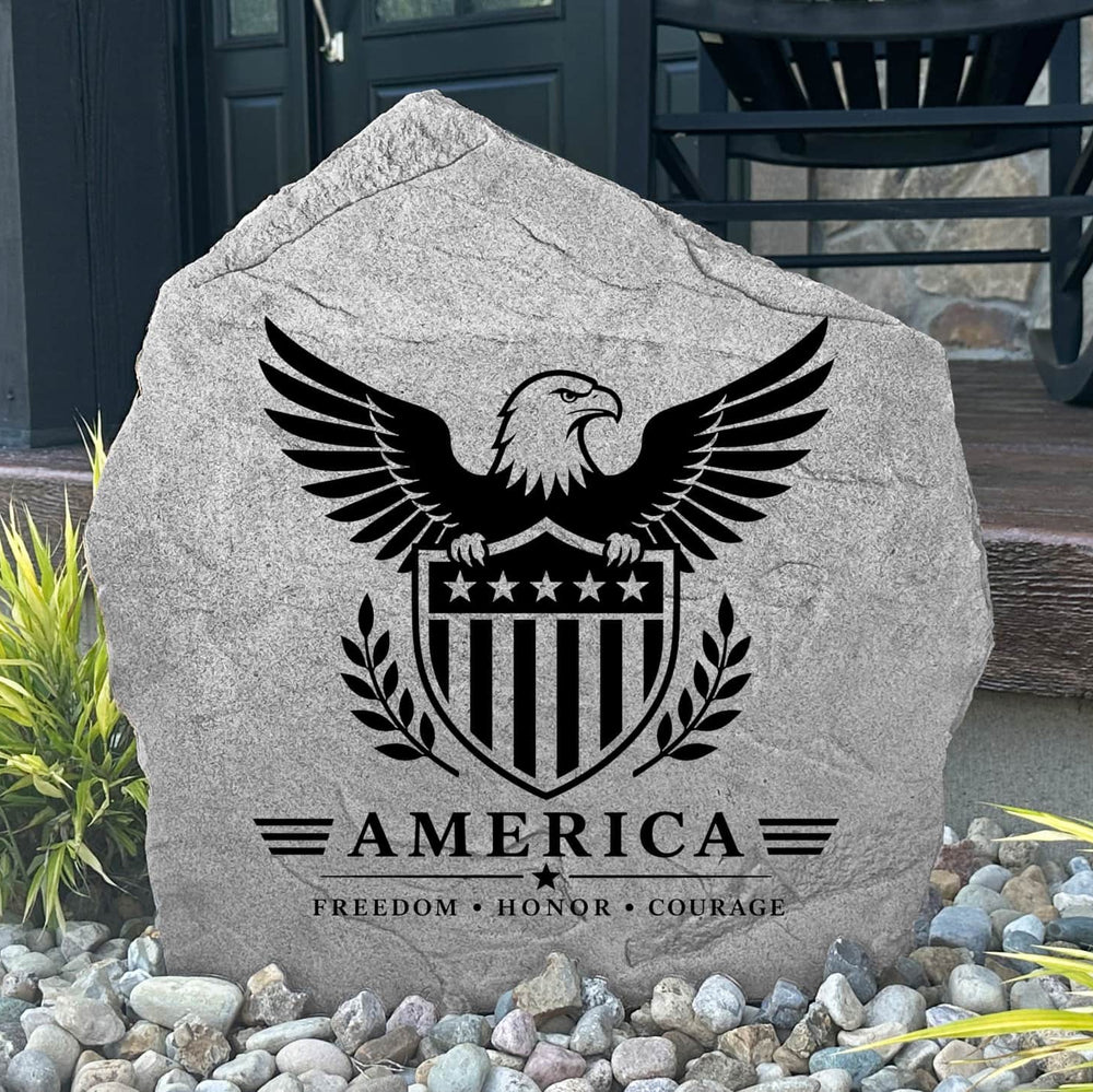 Patriotic Eagle & Shield Stone engraved directly into durable stone with a timeless American design. Perfect for flower beds, memorial gardens, porches, outdoor living spaces, and beautifully landscaped yards.