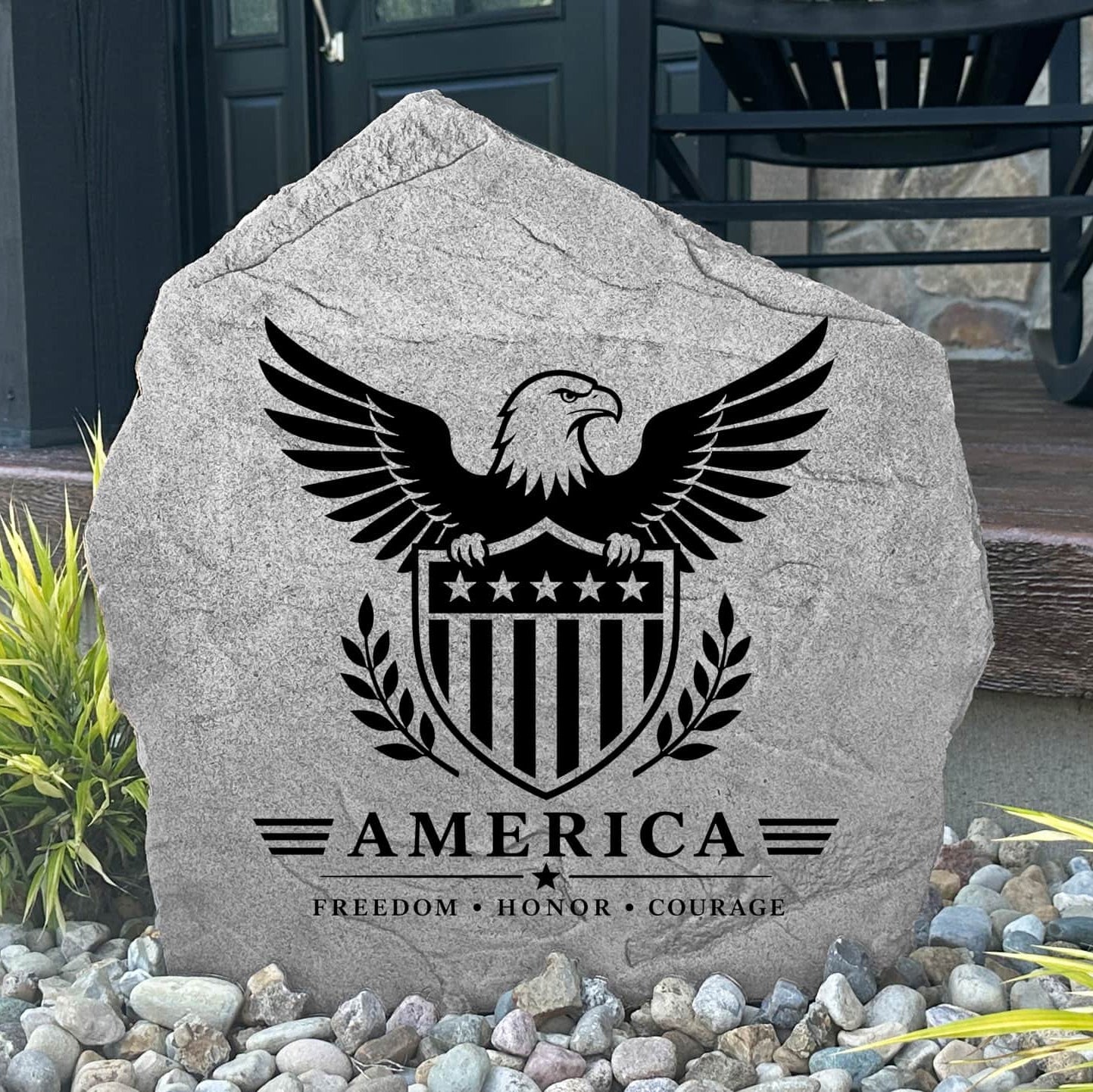 Patriotic Eagle & Shield Stone engraved directly into durable stone with a timeless American design. Perfect for flower beds, memorial gardens, porches, outdoor living spaces, and beautifully landscaped yards.