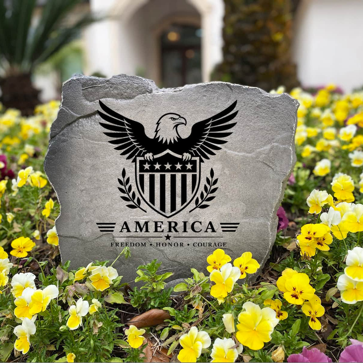 Engraved Eagle & Shield Stone crafted with exceptional American craftsmanship and built to withstand the elements. A meaningful outdoor décor piece for veterans, military families, patriotic homeowners, and anyone who loves the USA.