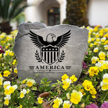 Engraved Eagle & Shield Stone crafted with exceptional American craftsmanship and built to withstand the elements. A meaningful outdoor décor piece for veterans, military families, patriotic homeowners, and anyone who loves the USA.