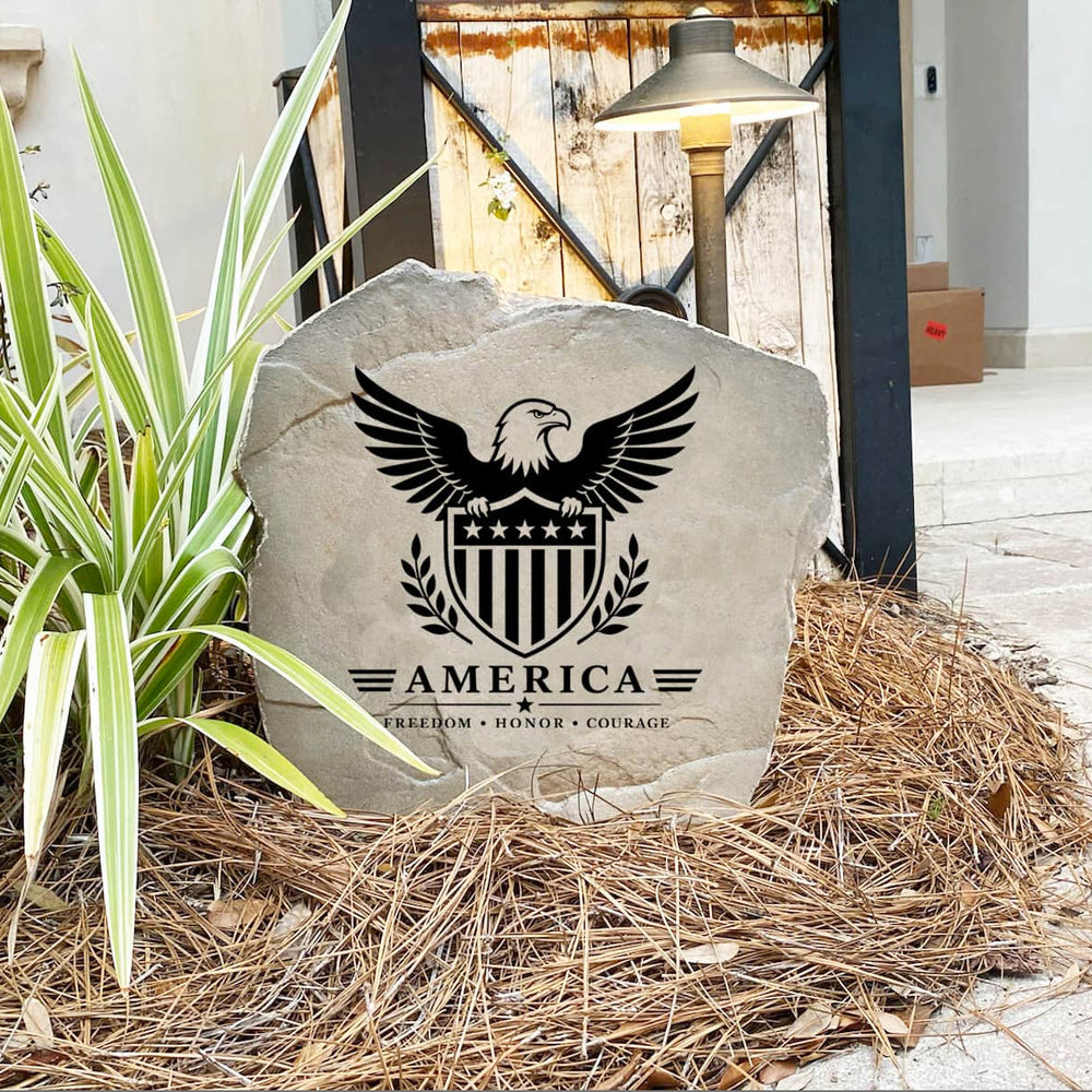 Handcrafted Eagle & Shield Stone proudly made in the USA with deep precision engraving and weather-resistant construction. Available in Sandstone and Greystone finishes for lasting outdoor beauty throughout every season.