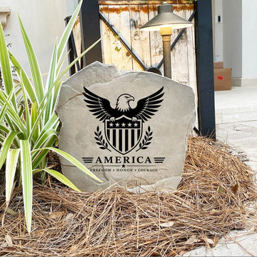 Handcrafted Eagle & Shield Stone proudly made in the USA with deep precision engraving and weather-resistant construction. Available in Sandstone and Greystone finishes for lasting outdoor beauty throughout every season.