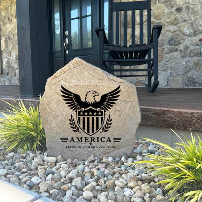 Premium Eagle & Shield garden stone showcasing a classic patriotic design inspired by American heritage. This decorative outdoor accent enhances curb appeal while adding elegance to any landscape.